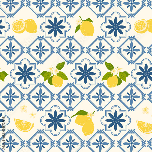 Italian geometric ceramic tile with lemons, Mediterranean style of Italy. Mosaic print with hand-drawn lemons.