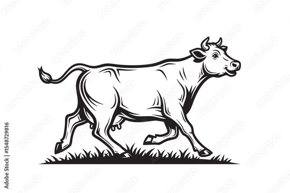 Fototapeta premium A strong cow running through grass in bold black and white vector illustration, full body side view, representing freedom and rural life.