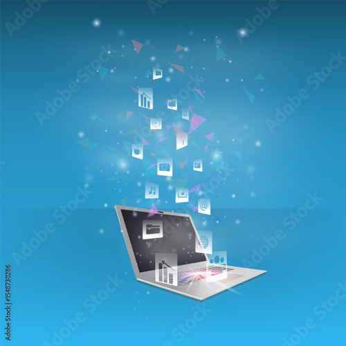 The concept of cloud technology work together with  technology to help send and receive information through maximum efficiency,Vector illustration fantastic style,Cloud technology concept