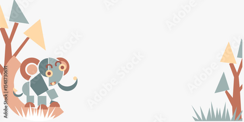 Elephant day celebration background design with cubism elephant animal and plants and with negative area for text. Cute elephant animal geometry. protecting animal. world elephant day