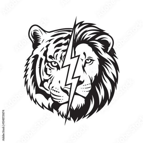 Half tiger and half lion face split by lightning bolt in bold black and white vector, representing power, rivalry, and wild majesty.