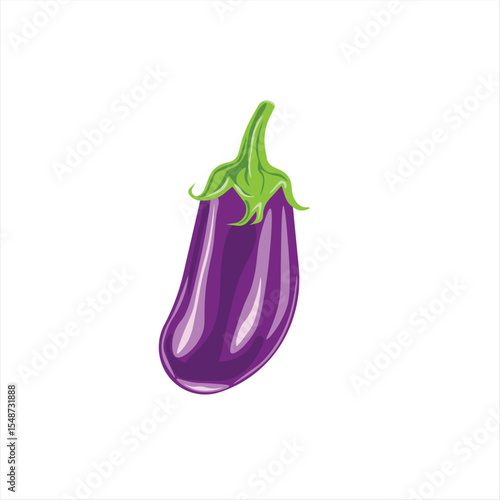 dark purple eggplant with a green stem and leaves