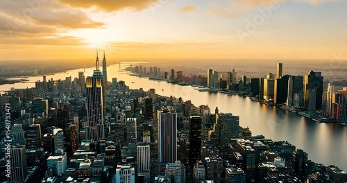 Majestic sunset over a sprawling city skyline, showcasing skyscrapers and a river.