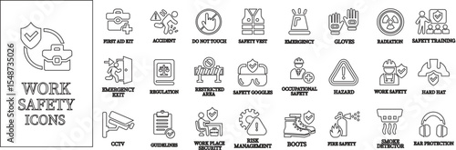 
Work safety line art icon set.Warning sign safety first clip art collection for under construction.Obstacle vector illustration.Icon vector for safety and health at work with safety first.

