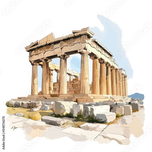 Illustrative Parthenon Ruins with Doric Columns and Ancient Stone Foundation
