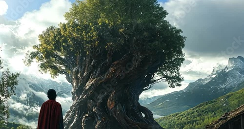 Person in red cape gazing at colossal ancient tree in mystical mountainous landscape.