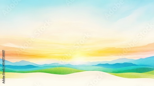 Peaceful sunrise landscape watercolor mountains hills sky. Morning dawn with sunlight on nature and horizon. Serene background, scenic art, calm outdoors, tranquil countryside, vibrant pastel,