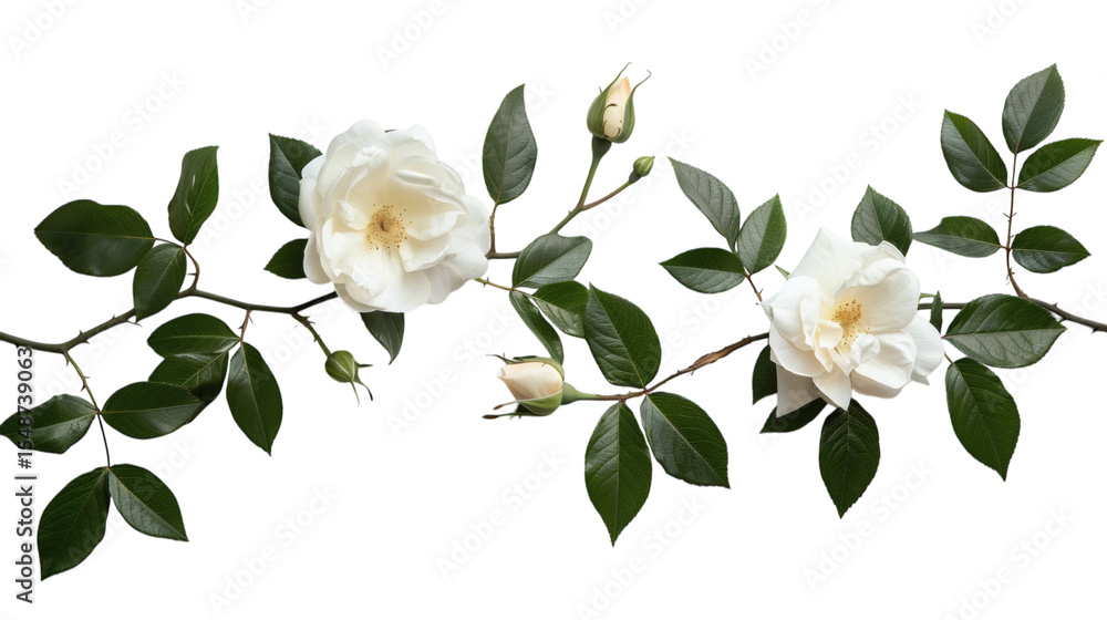 Obraz premium Two white rose stems with lush green leaves arranged elegantly on a white background