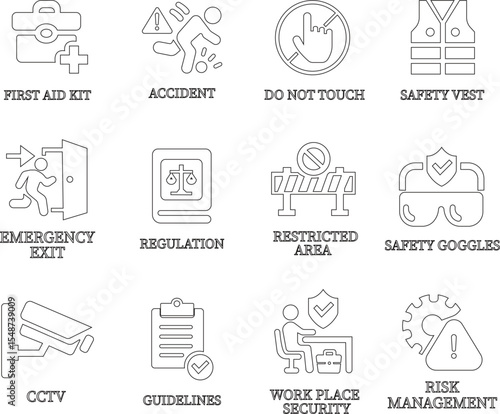 
Work safety line art icon set.Warning sign safety first clip art collection for under construction.Obstacle vector illustration.Icon vector for safety and health at work with safety first.
