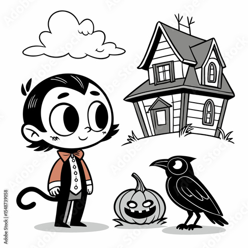 halloween haunted house kid crow pumpkin cartoon