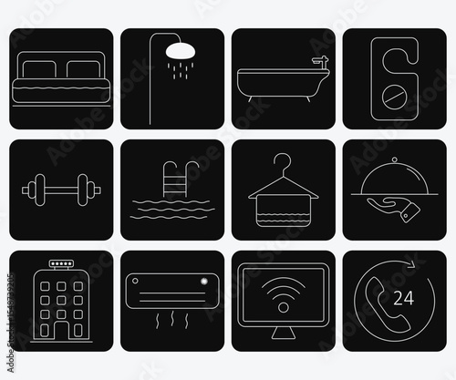 Set of hotel service icons in black and white, including bed, shower, bathtub, gym, pool, hanger, room service, air conditioning, Wi-Fi, and 24-hour support