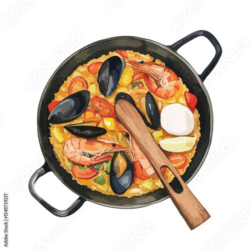 Overhead View of Seafood Paella in a Dark Pan with Wooden Spoon