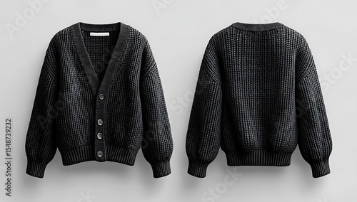 Black knitted cardigan mockup with balloon sleeves front and back

