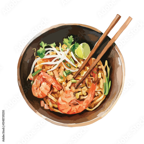 Pad Thai with Shrimp Lime and Chopsticks in a Dark Bowl