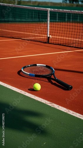 Close-Up of Tennis Ball and Racket on Red Clay or Hard Court, Realistic Photo