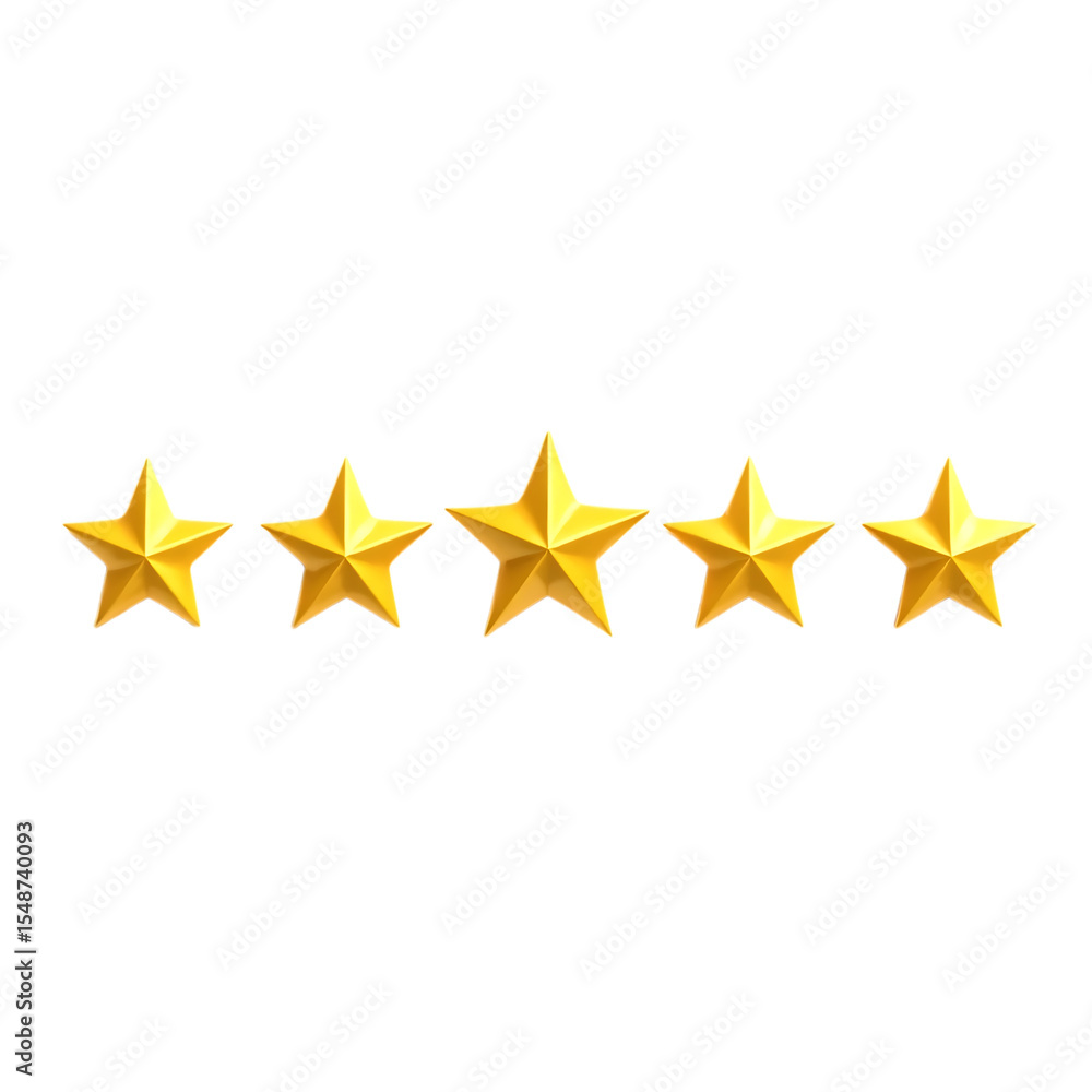 Five golden stars arranged in a row on a transparent background isolated on transparent background Five golden stars arranged in a row on a transparent background isolated on transparent background