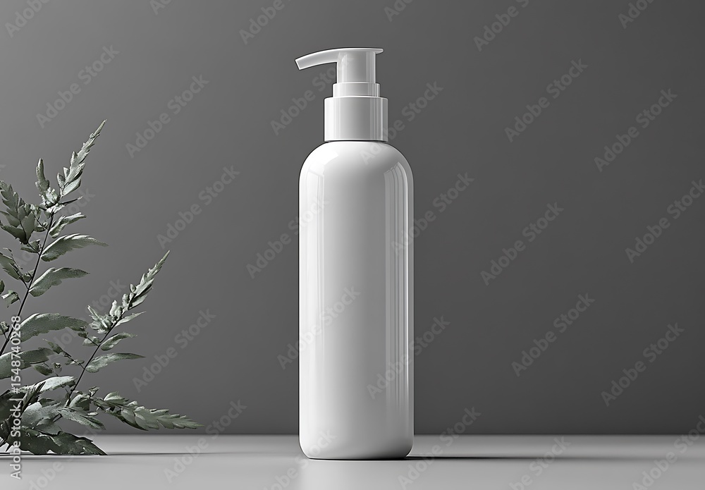 White pump bottle mockup with green plant on dark gray surface
White pump bottle mockup with green plant on dark gray surface