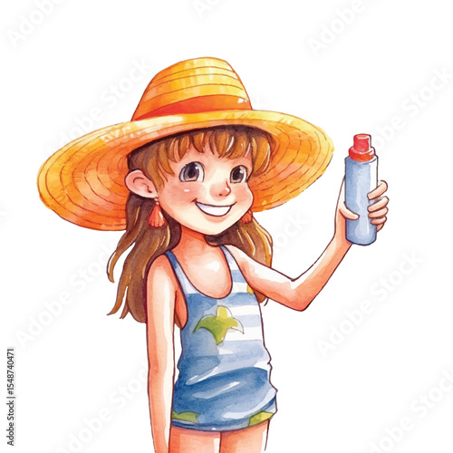 Smiling girl in straw hat holding sunscreen bottle watercolor illustration