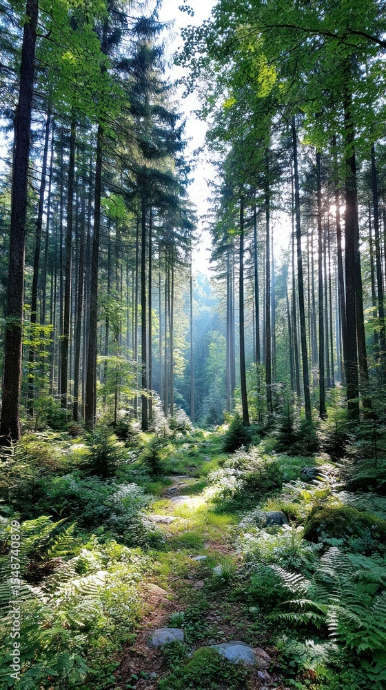 Obraz premium Sunlight path through a lush forest