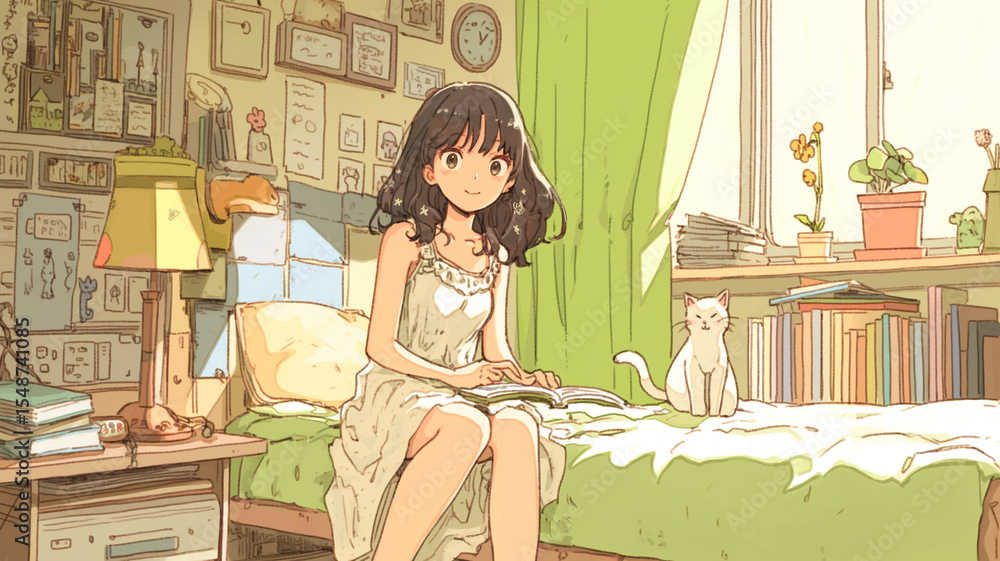 Obraz premium 80年代アニメ調レトロポップインテリア、木製机や本棚を背景に、やさしい光を浴びてゆったり読書する少女のほっとする日常シーンを映したライフスタイル素材写真・イラスト