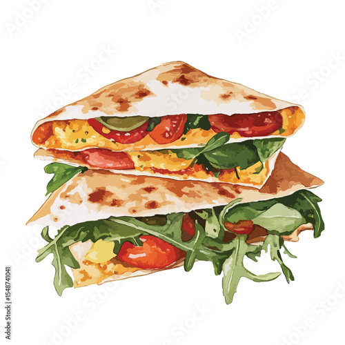 Stacked Watercolor Quesadilla with Fresh Tomatoes Arugula and Delicious Filling