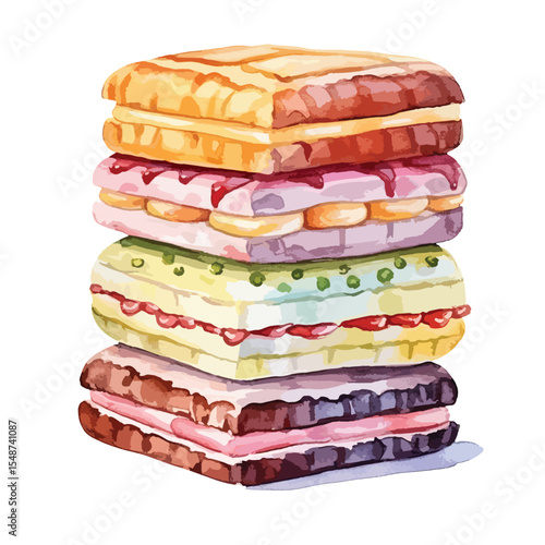 Stacked watercolor sandwiches with assorted fillings and colorful bread layers