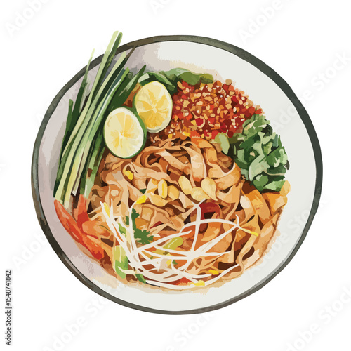 Vibrant Pad Thai Noodles with Lime Wedges and Fresh Herbs