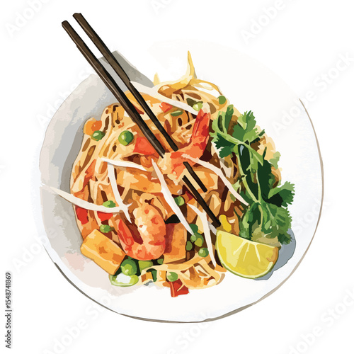Vibrant Shrimp Pad Thai with Chopsticks and Lime