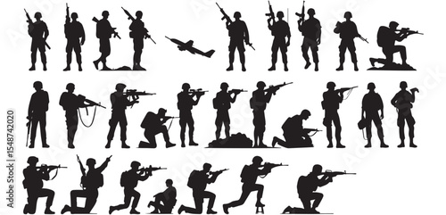 Shadow Soldiers: Silhouettes of soldiers in various action poses, reflecting courage, strength, and the gravity of conflict. Each silhouette tells a story of duty, valor, and sacrifice.