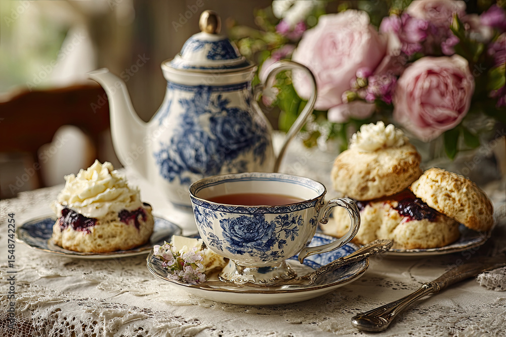 Fototapeta premium Traditional Afternoon Tea with Elegant Teapot, Delicious Scones and Floral Arrangement - Fine China British Culture Experience