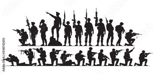 Shadows of Valor: An awe-inspiring, photorealistic illustration of a determined platoon of soldiers, silhouetted against a backdrop of anticipation, their resolve evident in every posture.