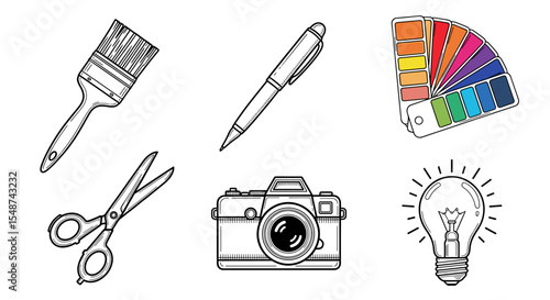 Assorted creative tools including a paintbrush, pen, palette, scissors, camera and lightbulb