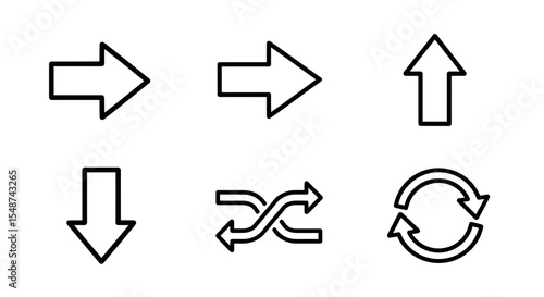 Collection of six distinct arrow icons pointing in various directions and looped in a vector graphic