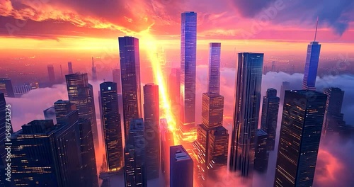 Futuristic city skyline at sunset, above the clouds.