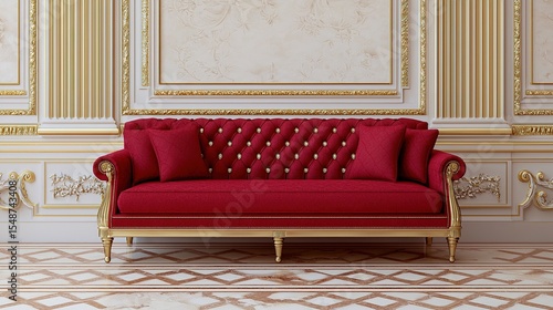 Elegant red velvet sofa with gold accents in a luxurious, classic room with ornate wall details and a patterned floor.