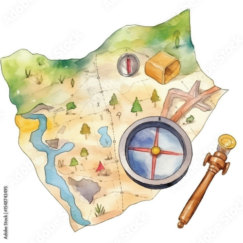 Watercolor Adventure Map with Compass and Supplies