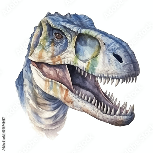 Watercolor Allosaurus Head with Open Mouth and Visible Teeth Detailed Texture