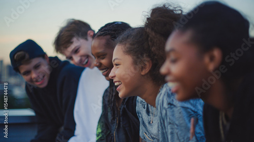Diverse group of teenagers laughing together on rooftop during sunset, enjoying friendship