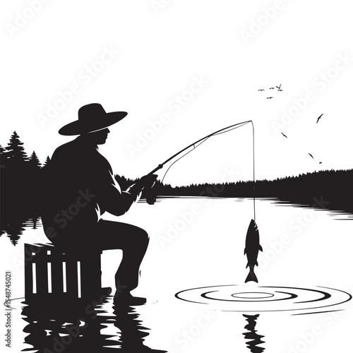 Silhouette of Fisherman Catching Fish in Lake During Sunset