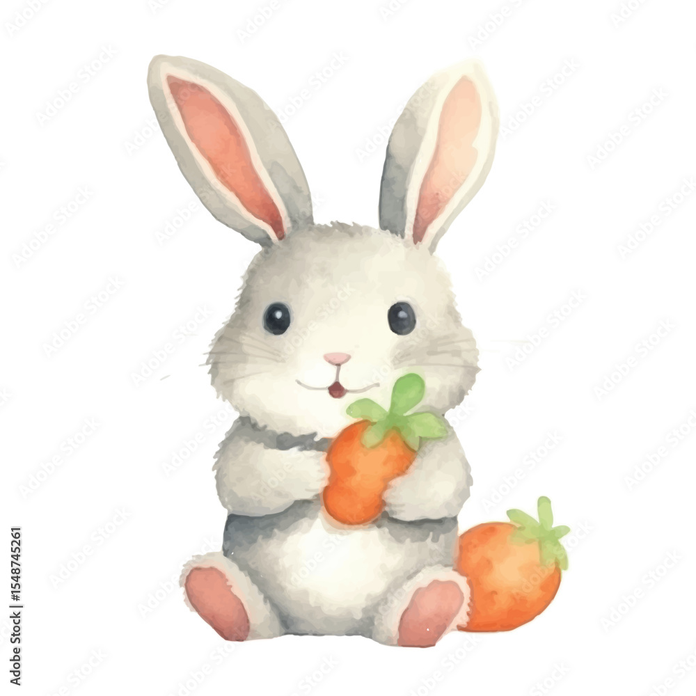 Naklejka premium Watercolor Bunny Holding Carrot with Another Carrot Beside It