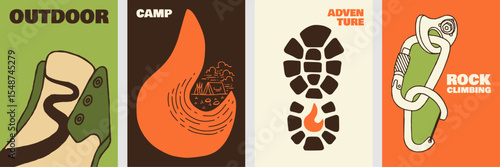 Flat Vintage Outdoor Adventure Poster Set Camping, Hiking, Climbing, and Nature Exploration Illustration.