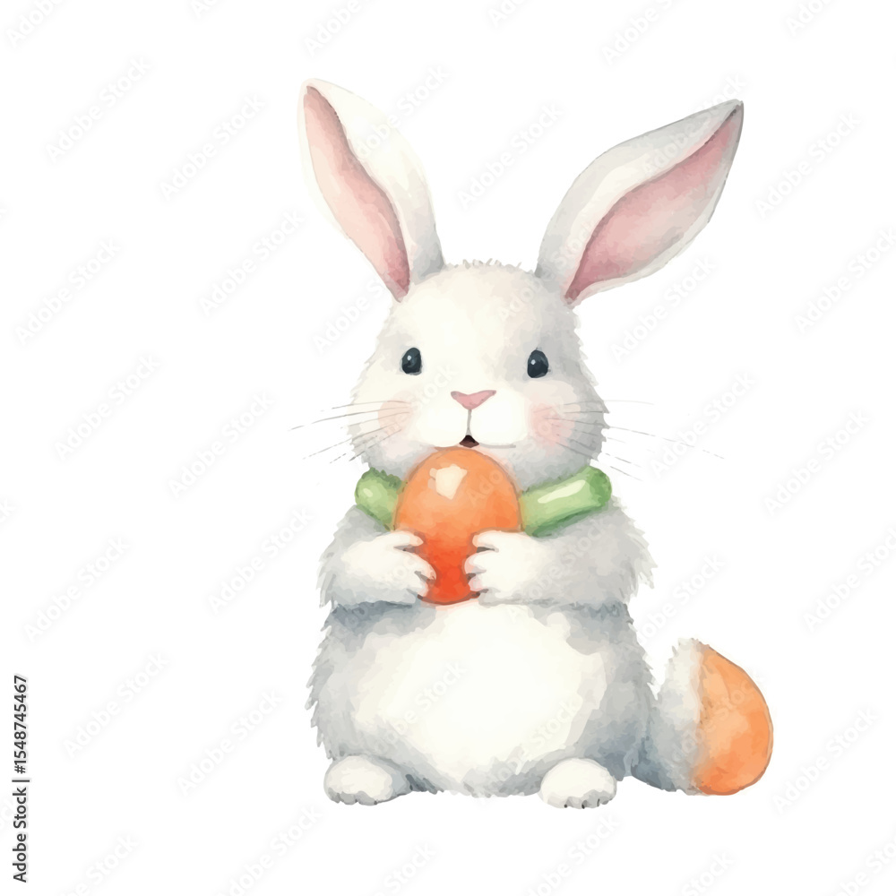 Watercolor Bunny with Carrot and Green Scarf Easter Illustration Watercolor Bunny with Carrot and Green Scarf Easter Illustration