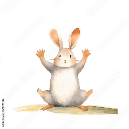 Watercolor Bunny with Arms Raised in Joyful Playful and Upbeat Pose