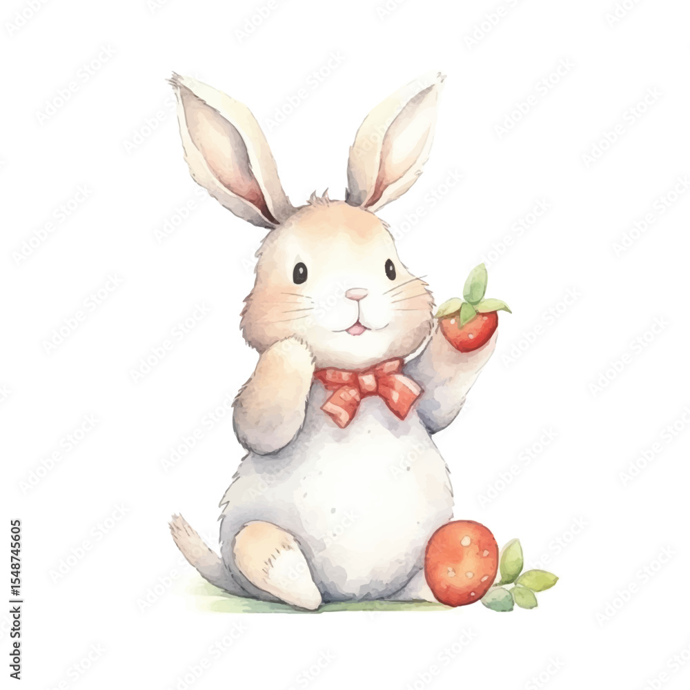 Obraz premium Watercolor Bunny with Red Bowtie Holding Strawberry and Easter Egg