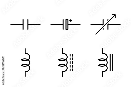 Icons of capacitors and inductors for electronic circuit diagrams and engineering designs.