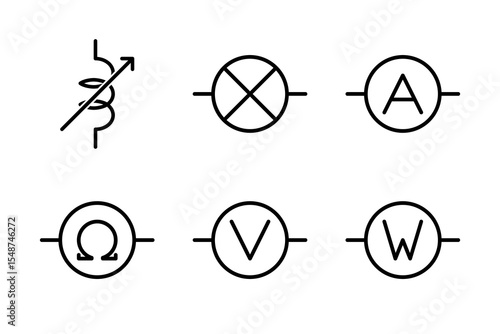 Icons of variable inductors and meters ampere, ohm, voltage, watt for circuit schematics.
