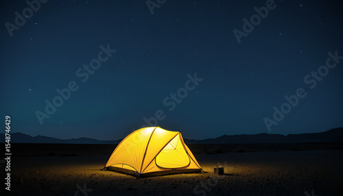 Illuminated Camping Tent At Night Under Starry Sky In The Forest