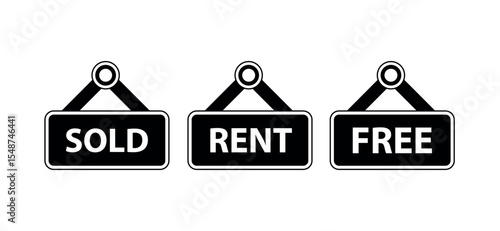 set of sale labels. sold-rent-free icon. sold rent free sign. sold rent free sign board png and vector illustration on transparent background