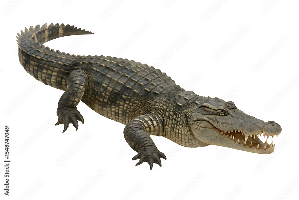 Naklejka premium Aggressive Crocodile Crawling with Open Mouth Isolated on White Background