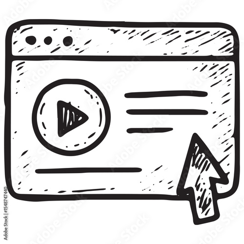 Hand-drawn sketch of a webpage with a play button and cursor, symbolizing online video, digital media, and interactive content illustrations